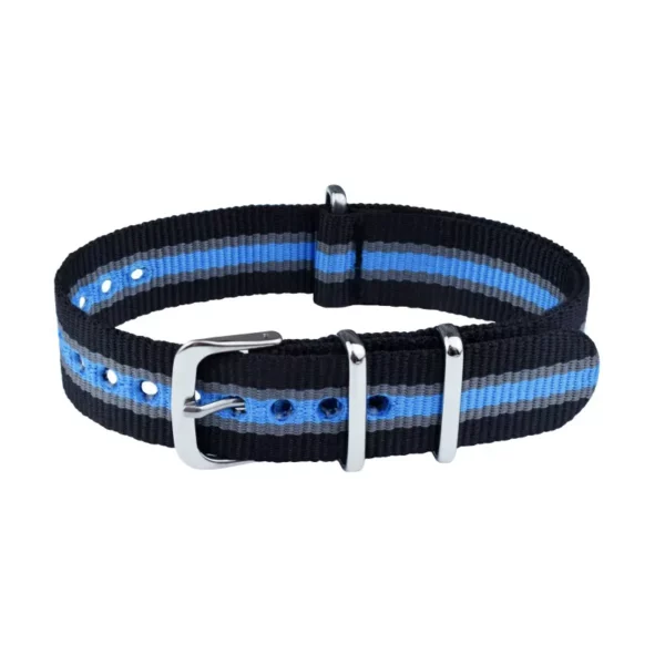 Nylon Watch Strap (134) - 5 Stripes - Black/Light Blue