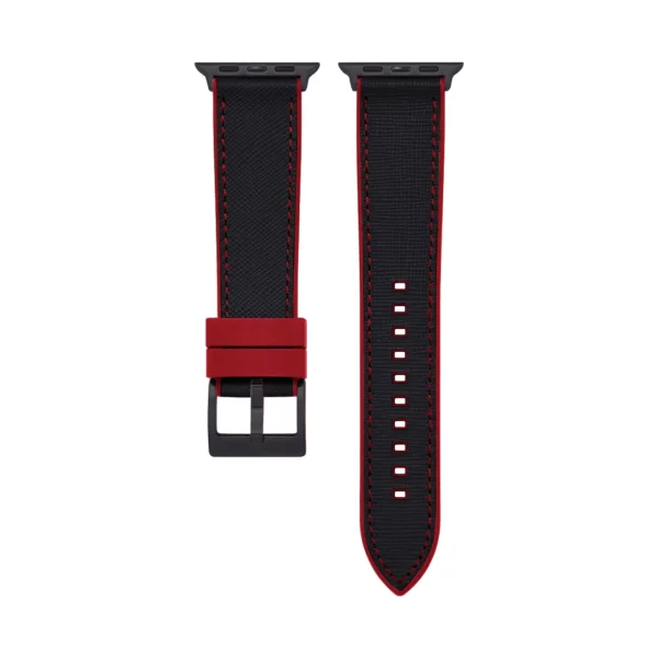 Saffiano Leather / Rubber Hybrid Performance Smart Watch Strap - Black/Red - Image 3