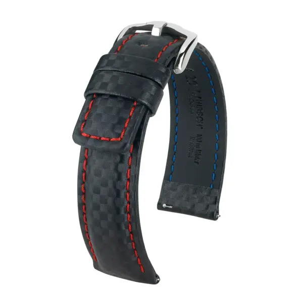 HIRSCH Carbon - Leather Watch Strap - Black/Red