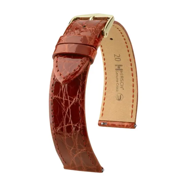 HIRSCH Genuine Croco - Caiman Leather Watch Strap - Golden Brown